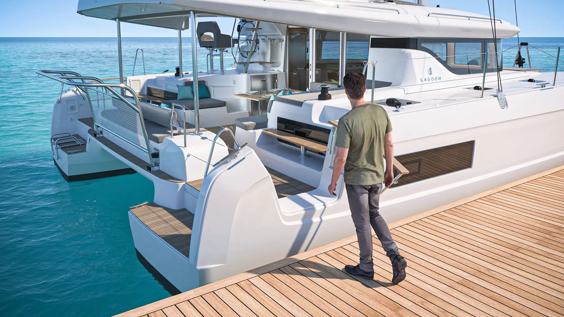 A man stands on a wooden dock looking at a modern white Lagoon 43 yacht moored beside him on clear blue water. The yacht features open seating areas and a shaded upper deck.