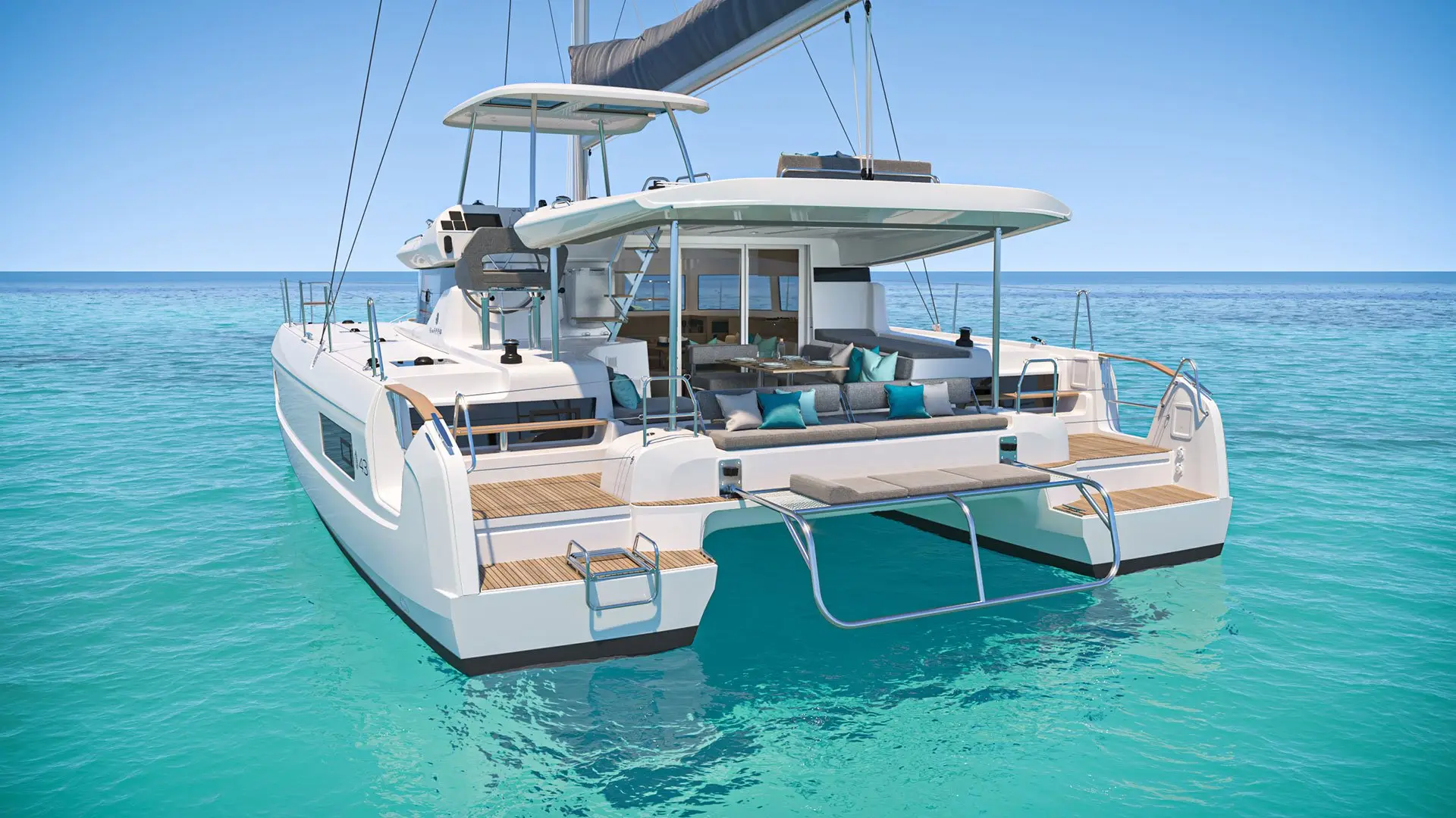 A modern white Lagoon 43 catamaran yacht with an outdoor seating area floats on clear turquoise water under a bright blue sky. The yacht features wooden decking and plush cushions, creating a luxurious, inviting atmosphere.