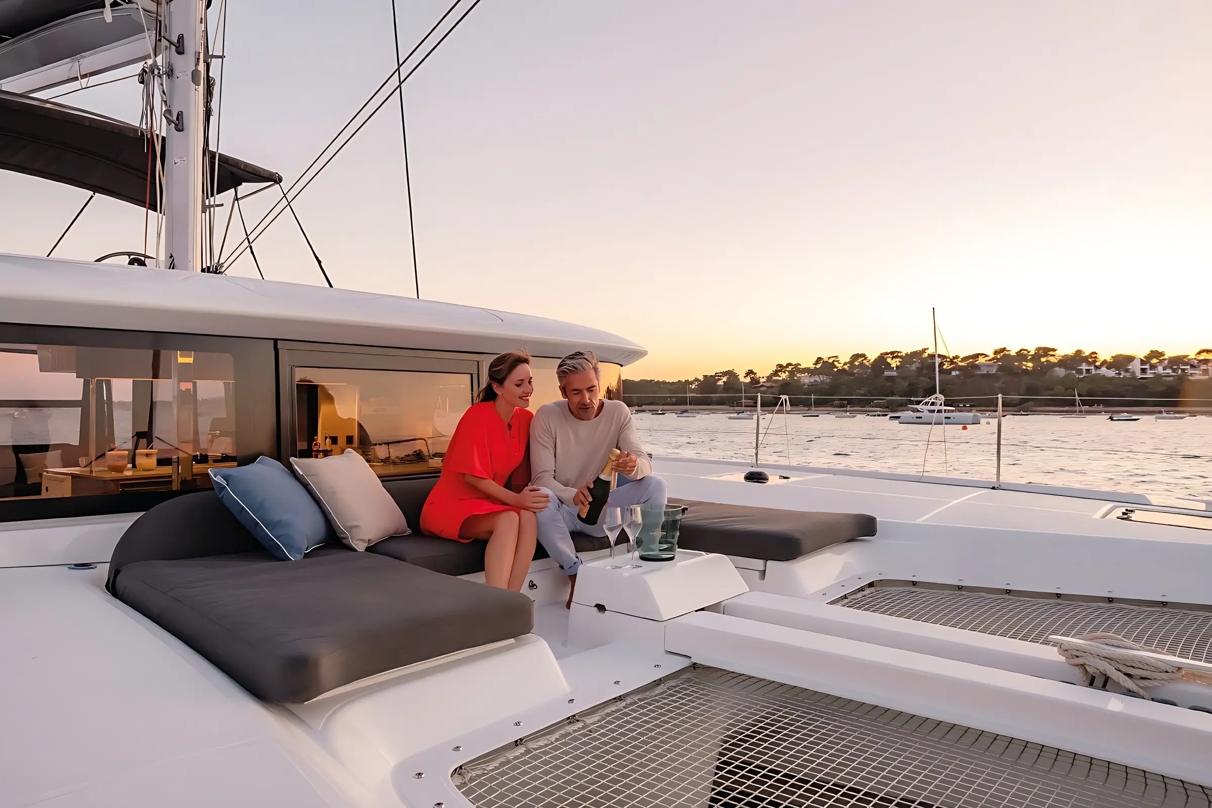 A man and woman sit together on a Lagoon 46 yacht at sunset, enjoying drinks. The woman wears a red dress, the man is in light casual clothing. Calm water and other boats are visible in the background under a clear sky.