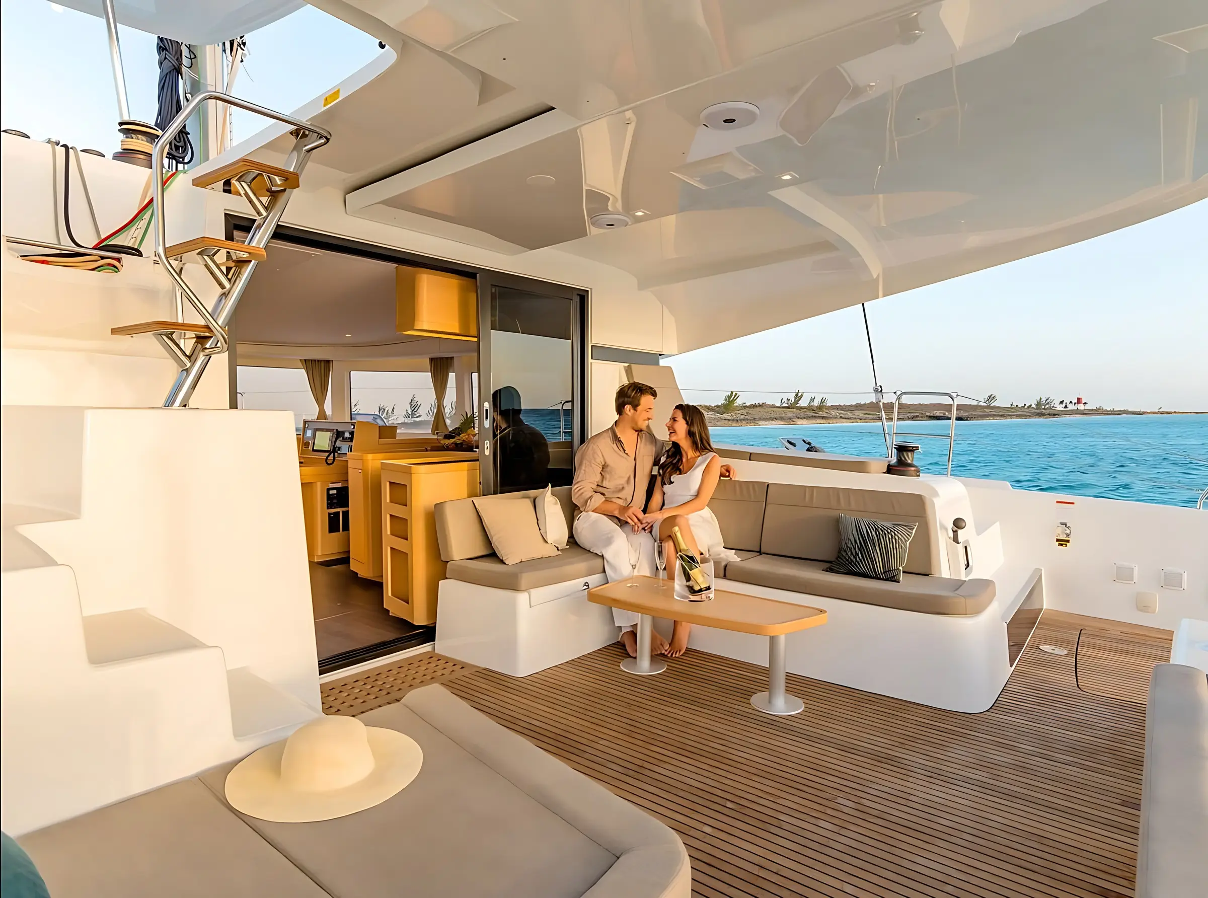 A couple sits close together, smiling and holding hands on the deck of a modern yacht, with the sea and coastline visible in the background. The yacht features cushioned seating, a table, and an open interior space.