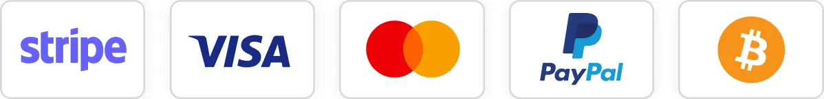 Stripe, Visa, Mastercard, PayPal, Bitcoin