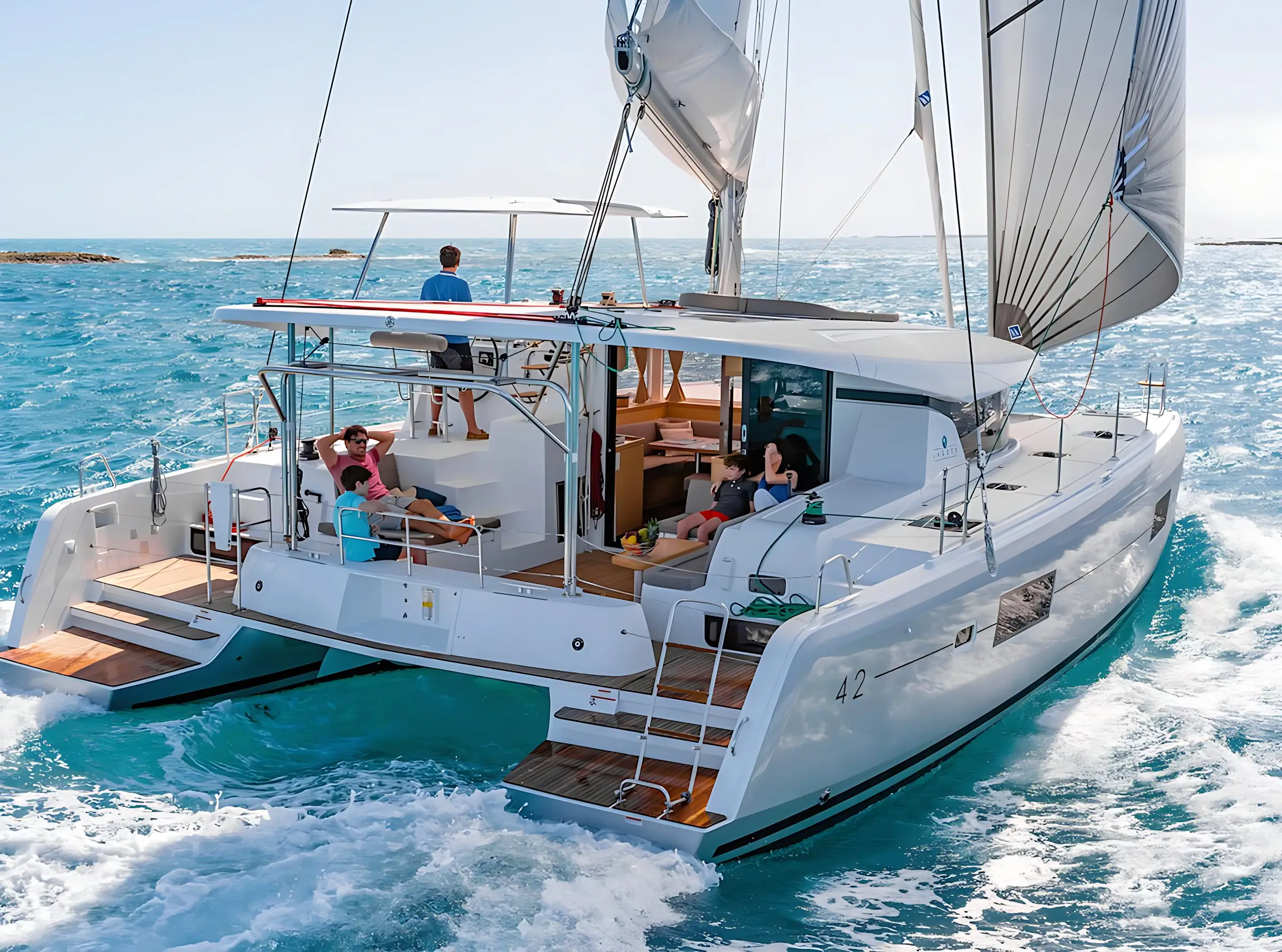 A white catamaran sails on clear blue water with five people relaxing on deck, enjoying the sun and sea. The yacht has open sails and a shaded seating area, creating a leisurely atmosphere.