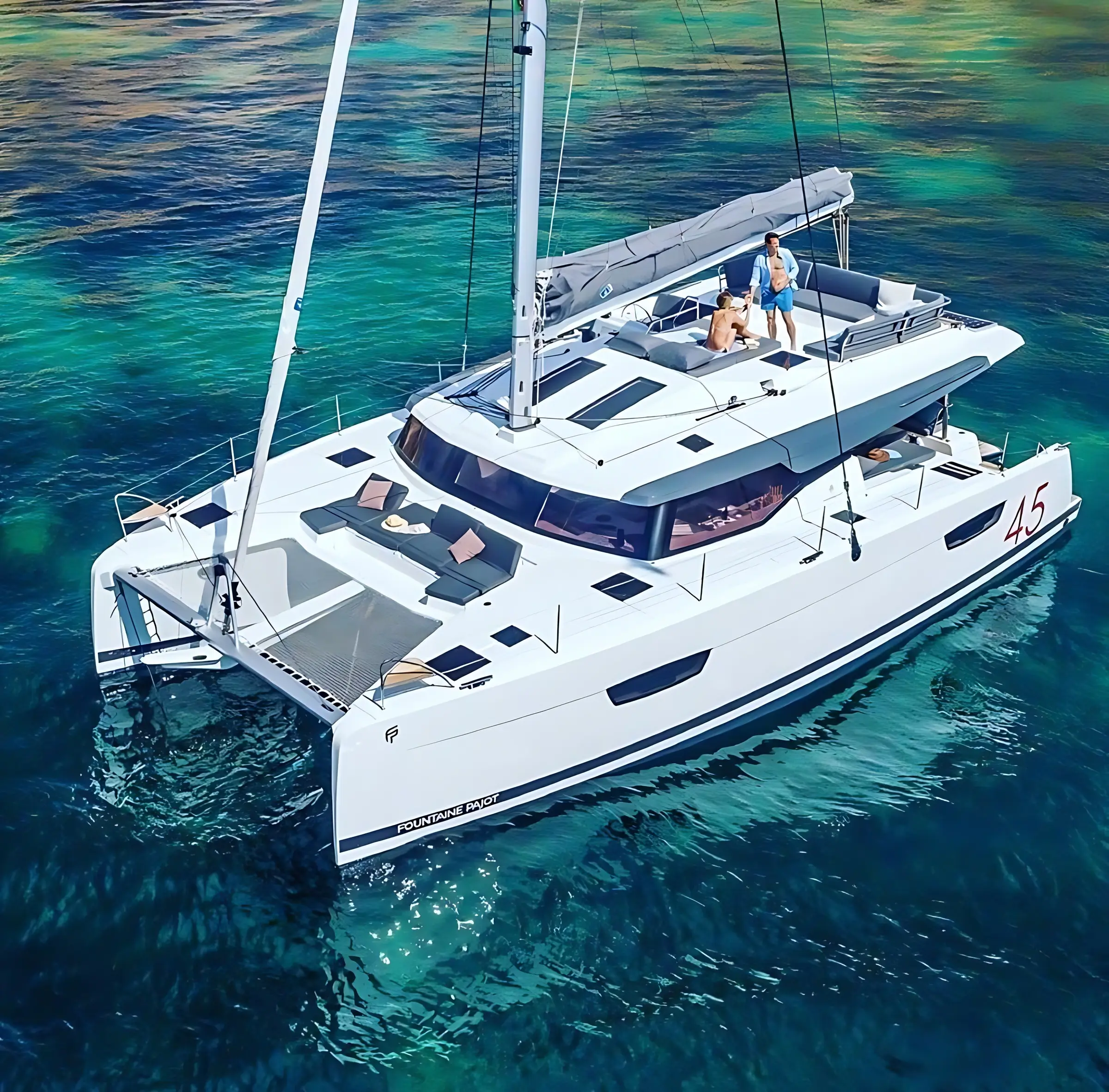 A white Fountaine Pajot Elba 45 sailing catamaran floats on clear, green-blue water. Two people relax on the roof of the boat, enjoying the sunny weather as patterns on the sea floor shine below.