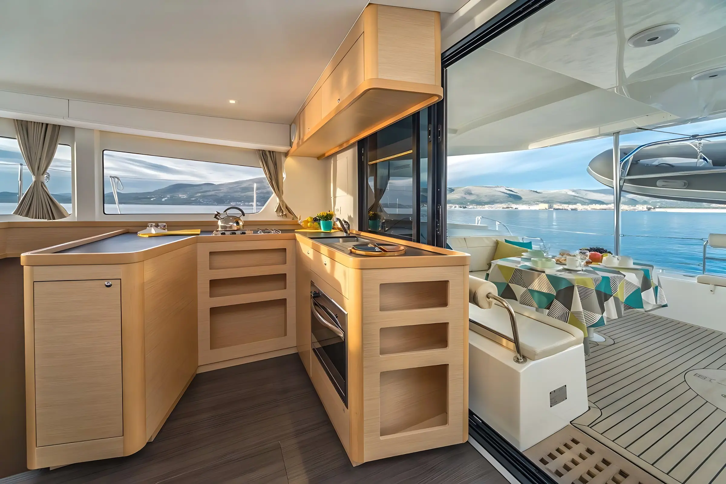 A modern yacht kitchen with light wood cabinets and appliances, next to a sliding glass door opening to an outdoor dining area overlooking calm blue water and distant hills.