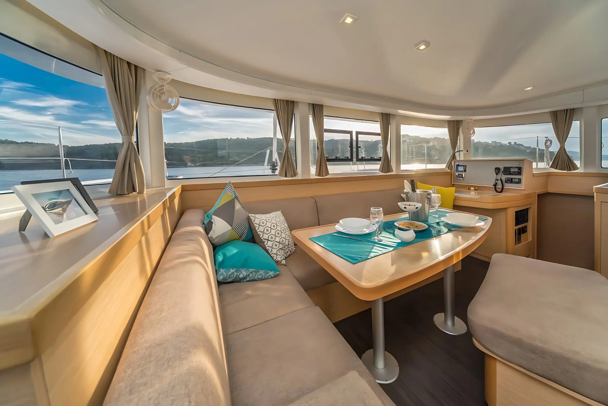 The interior cabin of a boat with large windows, a cushioned seating area, a wooden table set for a meal, decorative pillows, and scenic water and trees visible outside.