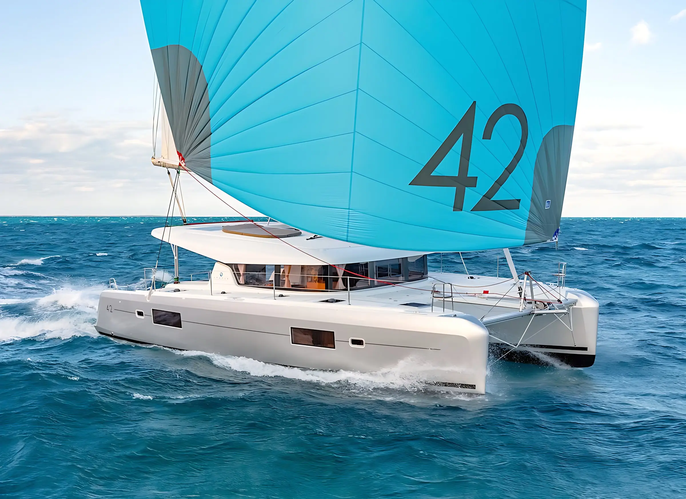 A white catamaran sailboat with a large, bright blue sail marked 42 sails on the open ocean under a partly cloudy sky.