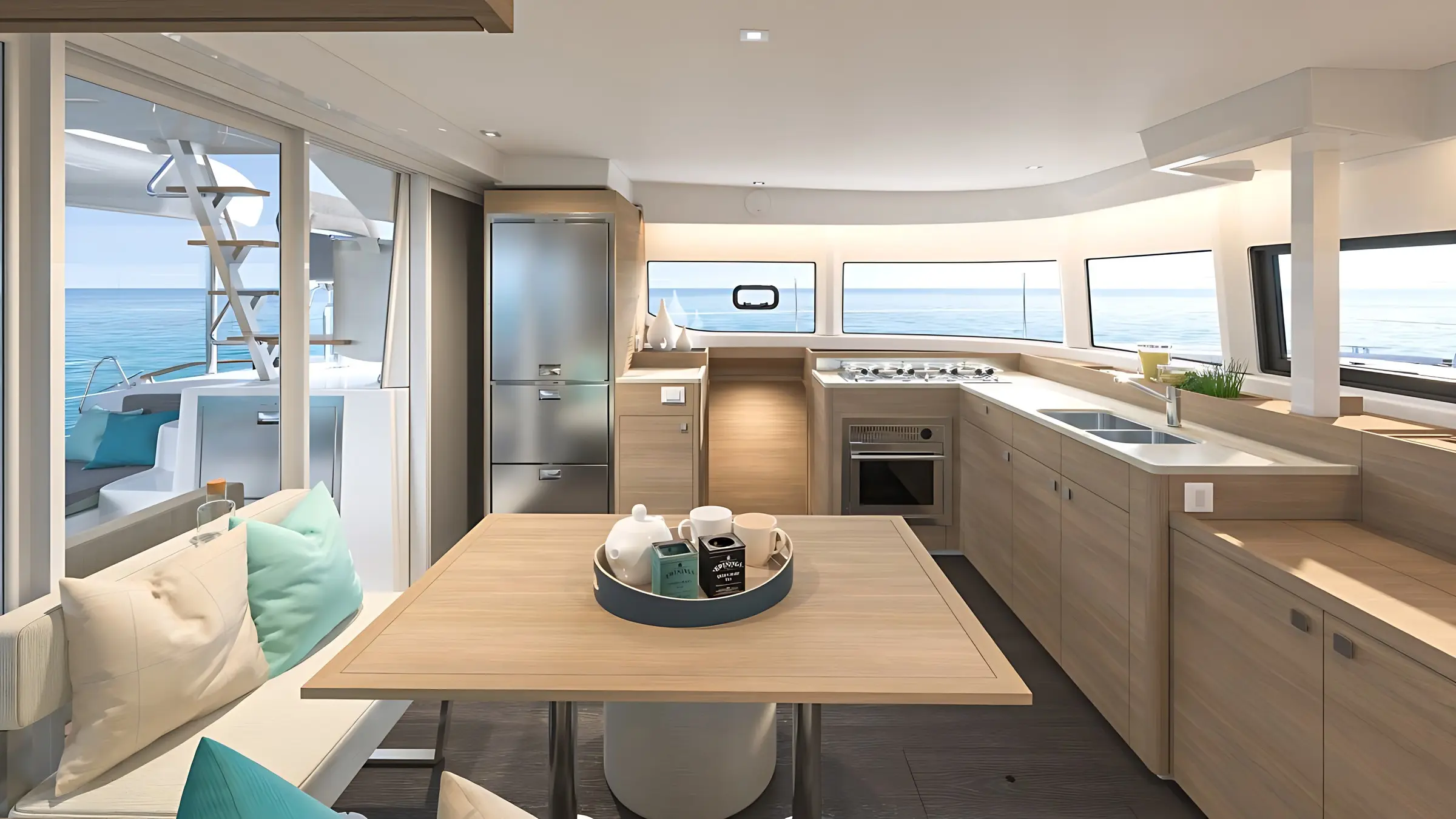 Modern yacht interior featuring a kitchen with wood cabinets, stainless steel appliances, large windows with ocean views, a table set for tea, and a lounge area with cushions and pastel pillows.
