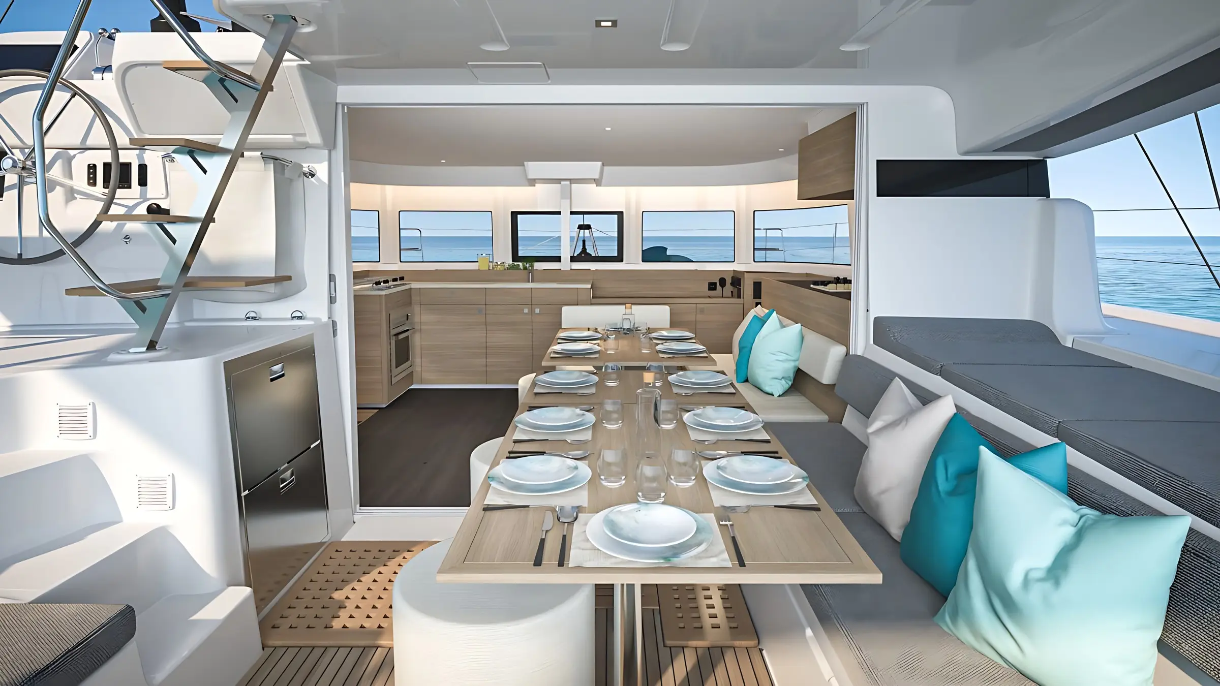 A modern yacht interior featuring a dining table set for eight with plates and glasses, a cozy seating area with colorful cushions, and an open kitchen with wood cabinets and large windows overlooking the sea.
