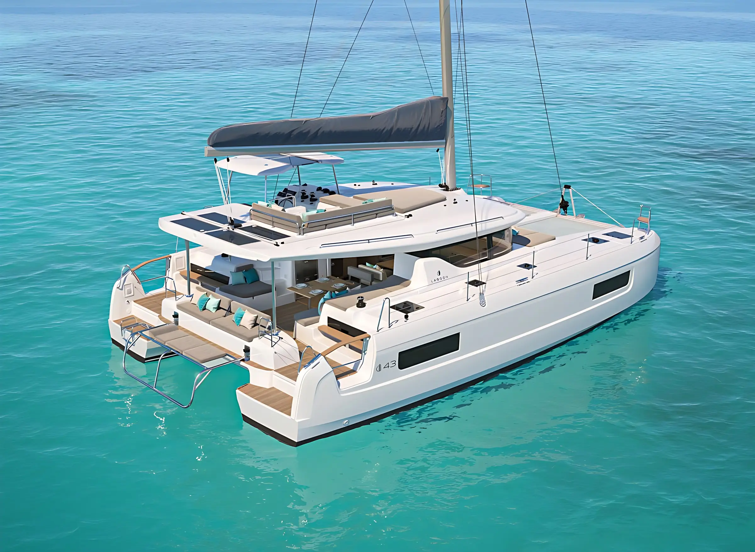 A Lagoon 43 catamaran yacht floats on clear turquoise water. The yacht boasts sunbeds, sofas, and shaded seating areas on its decks. One person is visible at the back, enjoying the sunny, calm sea.