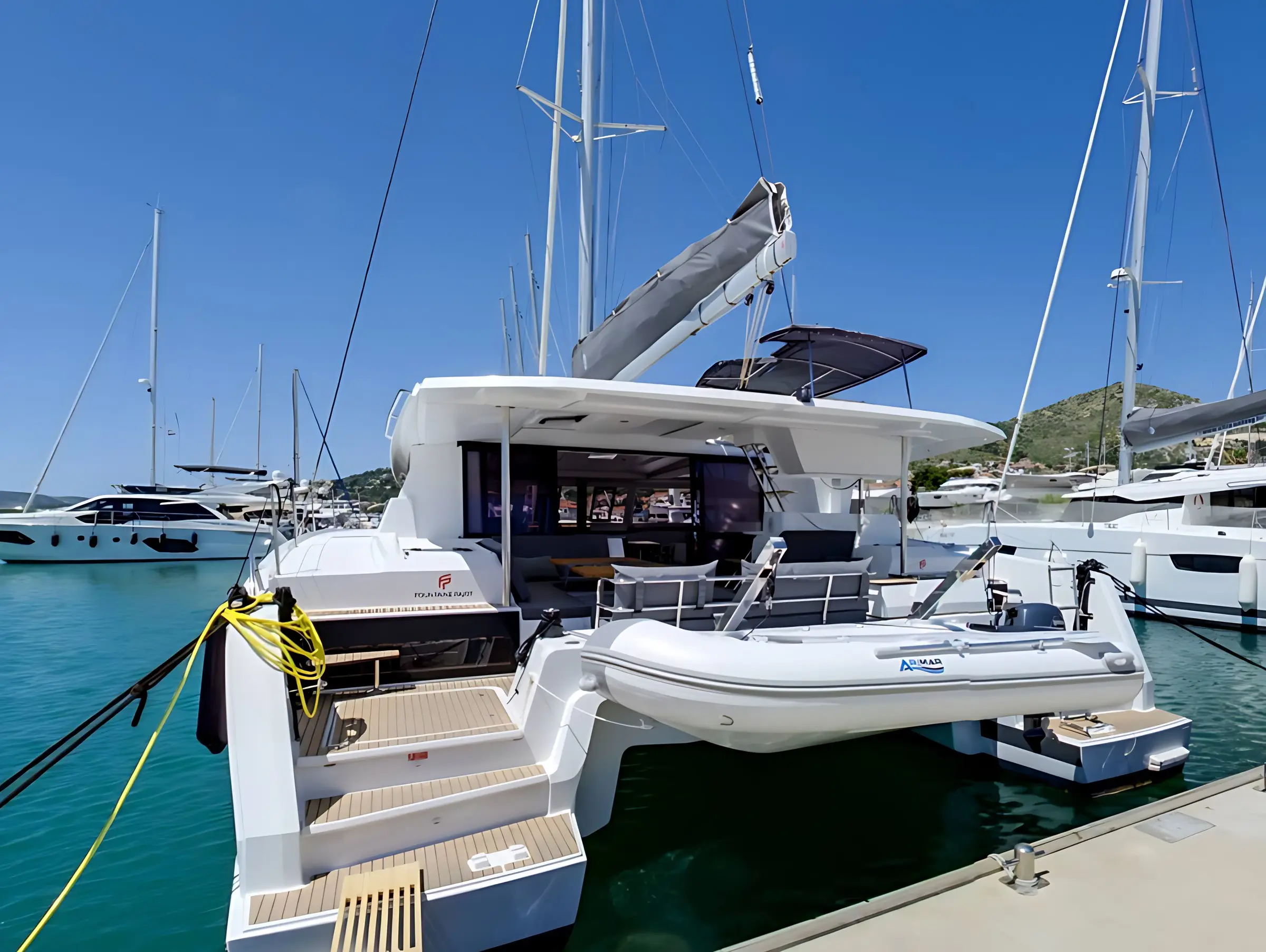 A white Fountaine Pajot Astrea 42 catamaran yacht docked at a marina, with a small inflatable boat attached to the back. Sailboats and hills are visible in the background under a clear blue sky.