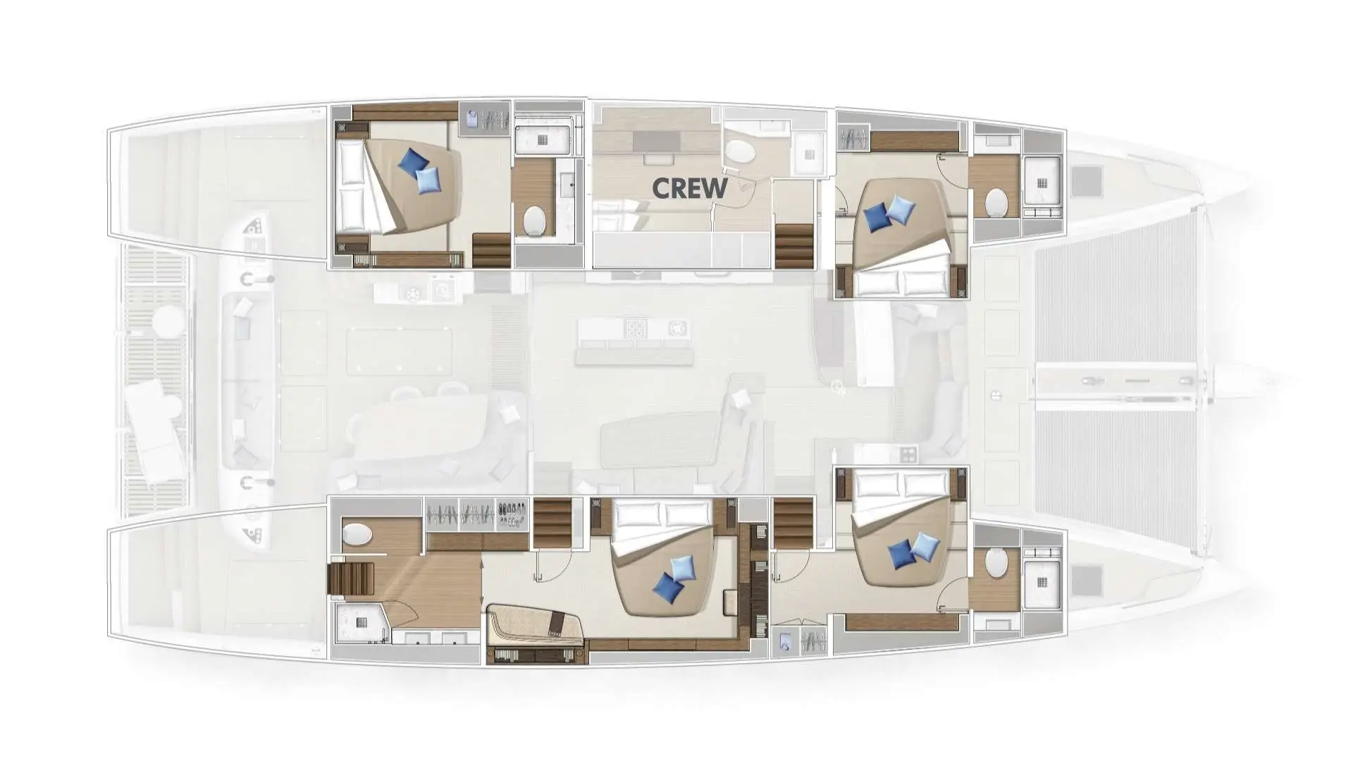 A top-down floor plan of the Lagoon Sixty 5 catamaran showing four guest cabins with beds and bathrooms, a central crew area, and shared living and kitchen spaces. Entrances appear at both ends of the yacht.