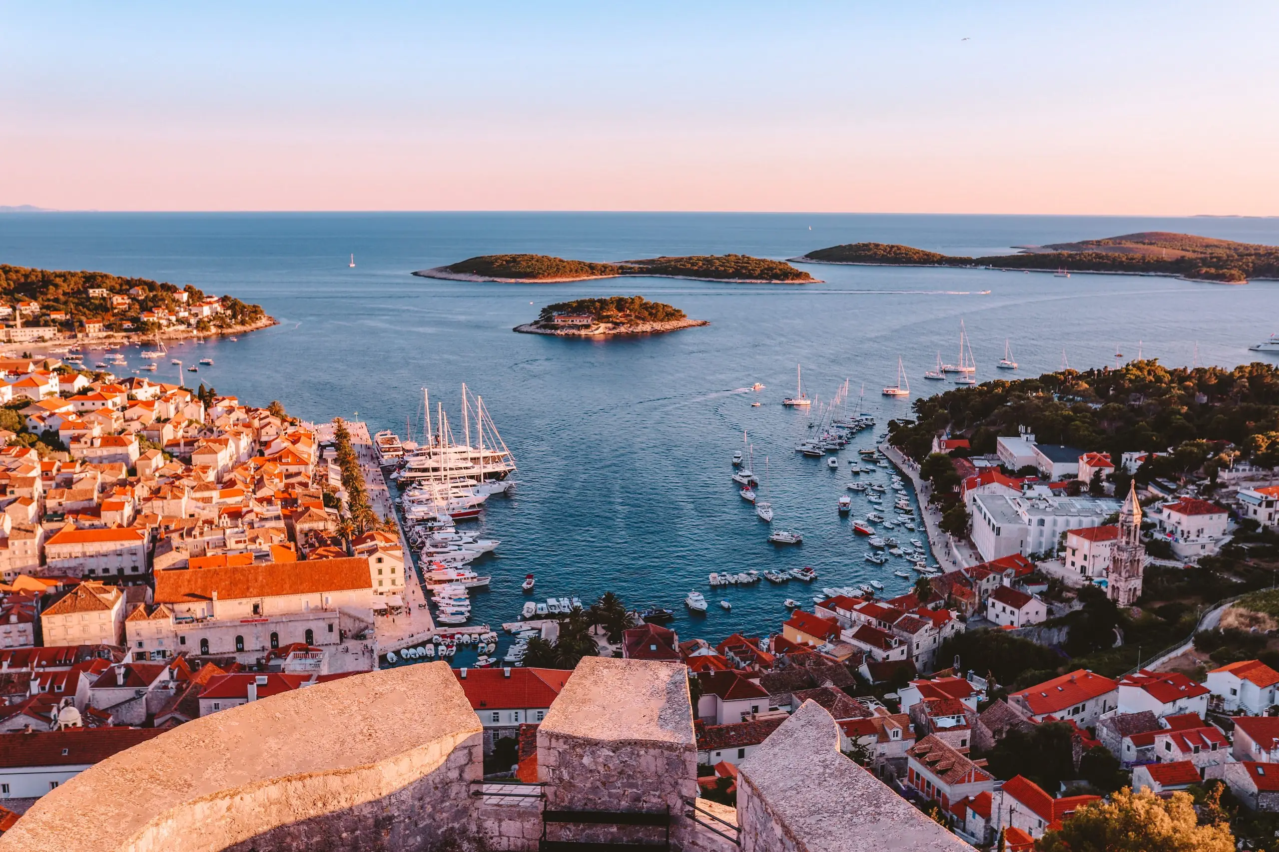 Hvar town and the Pakleni islands at sunset