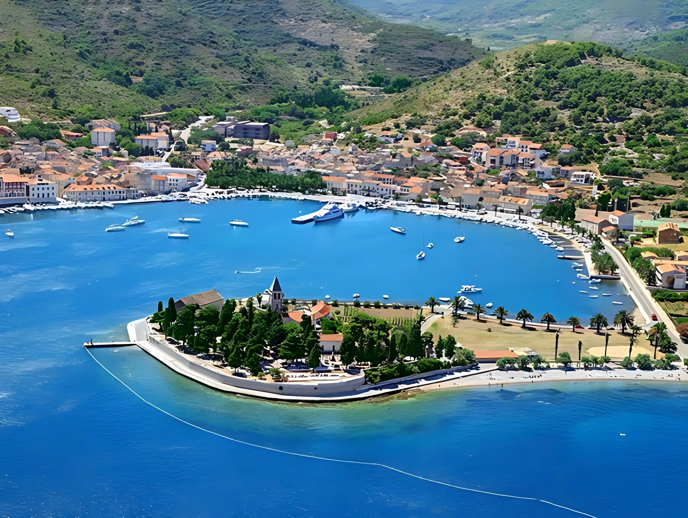 Vis town harbour from the air, boats in the bay and green hills behind