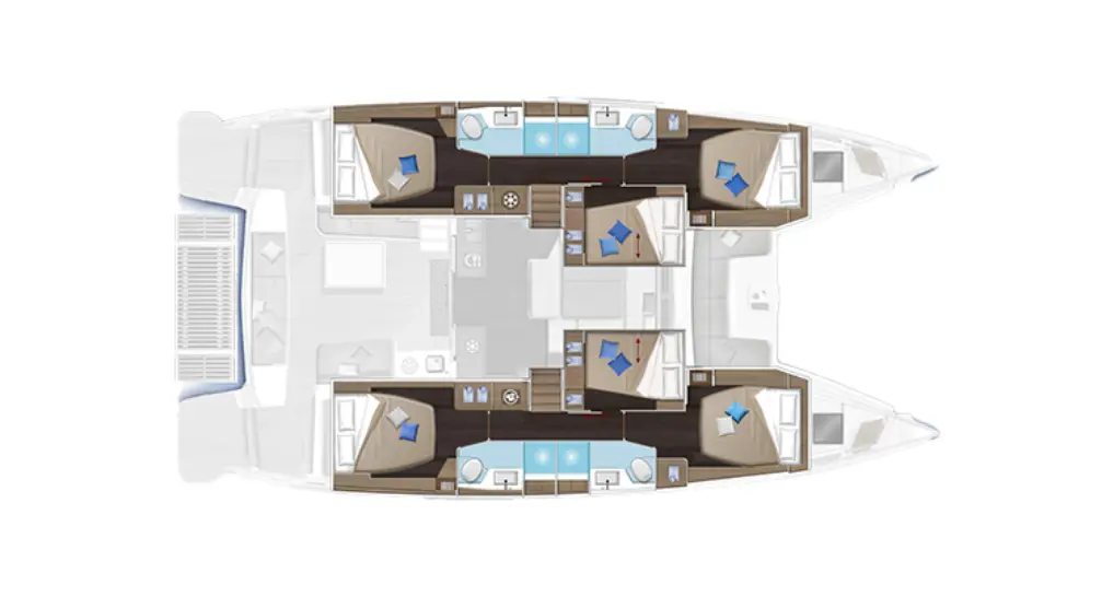 Boat floor plan of the Lagoon 51 catamaran with four bedrooms, each with a double bed and bathroom, arranged symmetrically in both hulls. A central shared area features a kitchen, dining, and lounge space.