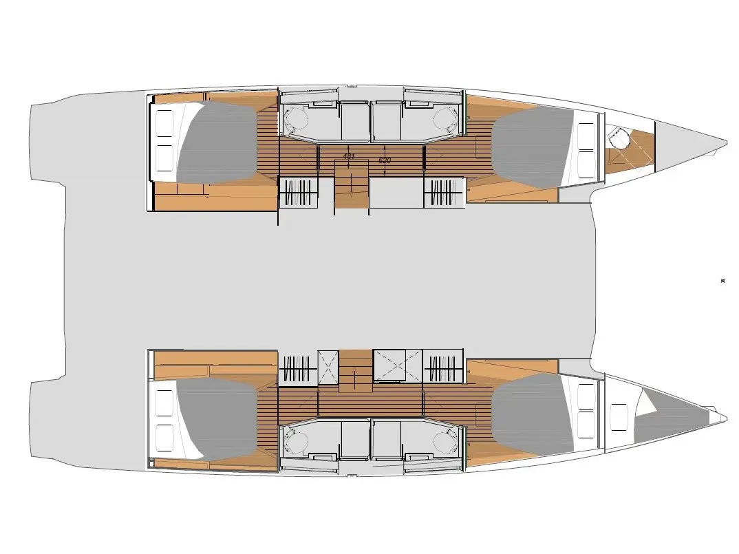 A top-down layout of the Fountaine Pajot Elba 45 catamaran yacht shows two symmetrical hulls with cabins, bathrooms, and shared living areas. A central connecting area and open spaces at the front and rear are also visible.