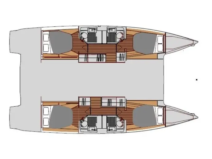 A top-down diagram of a Fountaine Pajot Astrea 42 catamaran boat floor plan shows two hulls with beds, bathrooms, and seating areas, connected by a central deck space with additional seating and tables.