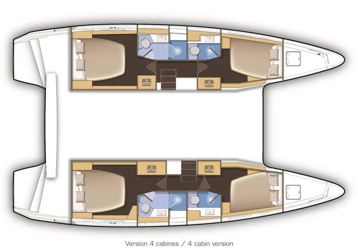 Diagram of a Lagoon 42 catamaran with four cabins, each featuring a double bed and bathroom. Two cabins are in each hull, separated by a central corridor. Sleeping and bathroom areas labeled as Version 4 cabines / 4 cabin version.