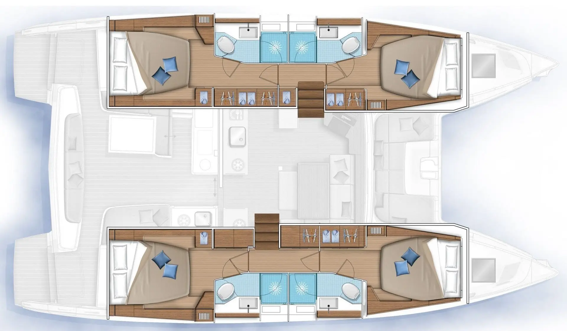 Deck plan of the Lagoon 46 catamaran yacht showing four cabins, each with a double bed and private bathroom—two on each hull. Central shared areas include a lounge, kitchen, and additional seating spaces.