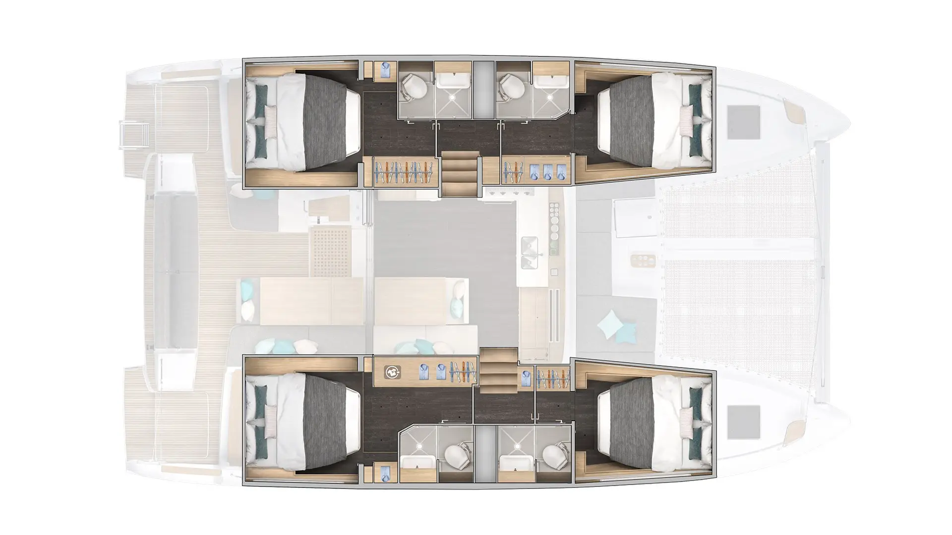 Top-down diagram of a Lagoon 43 catamaran boat interior, featuring four bedrooms with double beds, four bathrooms, a central kitchen, dining area, seating, and outdoor decks at both ends.
