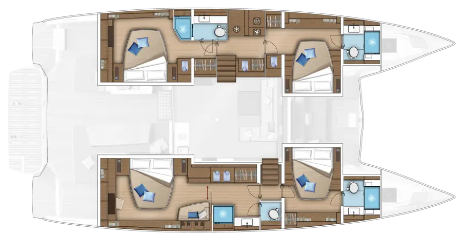 Lagoon 55 yacht floor plan showing four bedrooms with double beds and en-suite bathrooms, central living and dining area, kitchen, and storage spaces, featuring elegant wooden flooring throughout the layout.