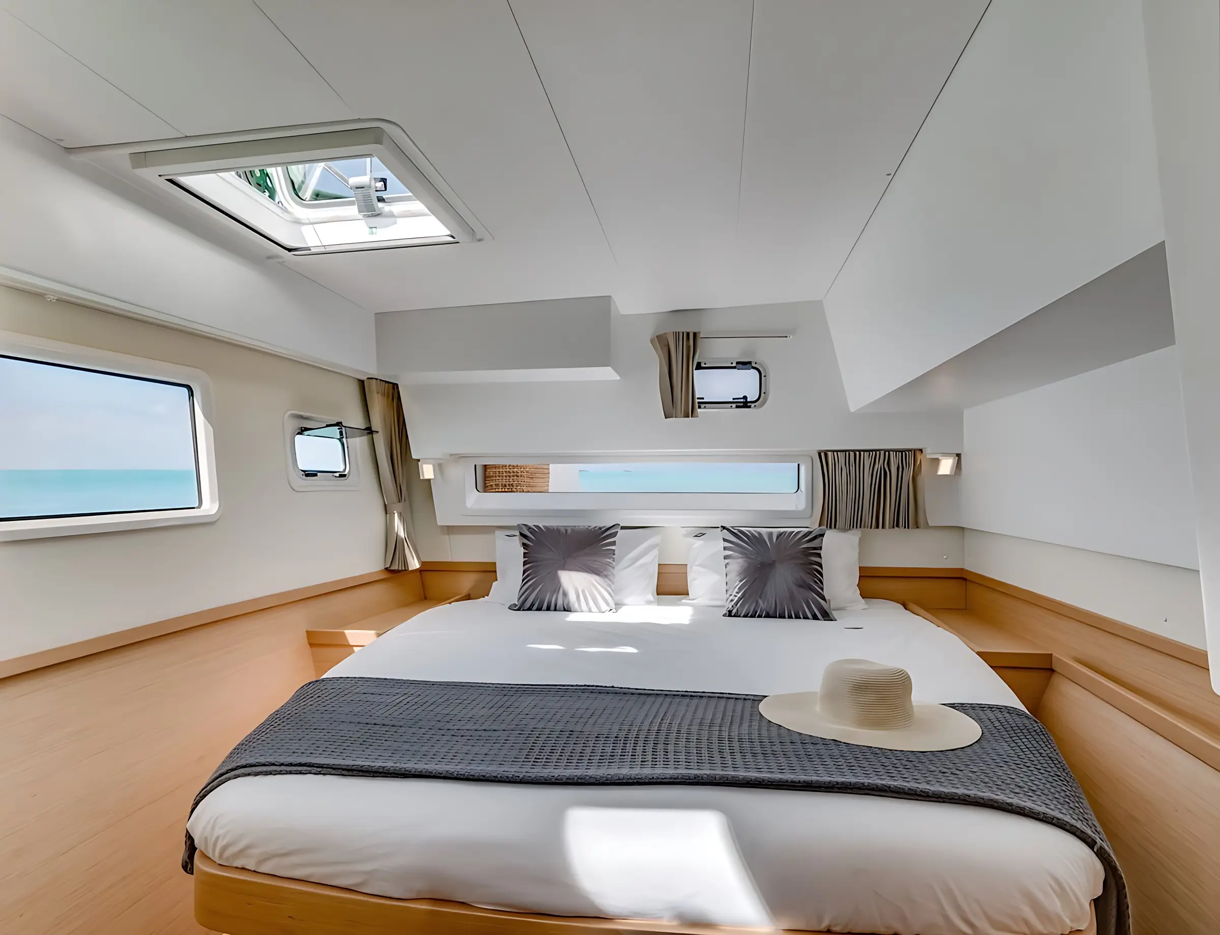 A bright, modern bedroom on a boat features a large bed with white linens, gray pillows, a straw hat, and a gray throw blanket. Sunlight enters through multiple windows and a skylight, highlighting the serene ocean view.
